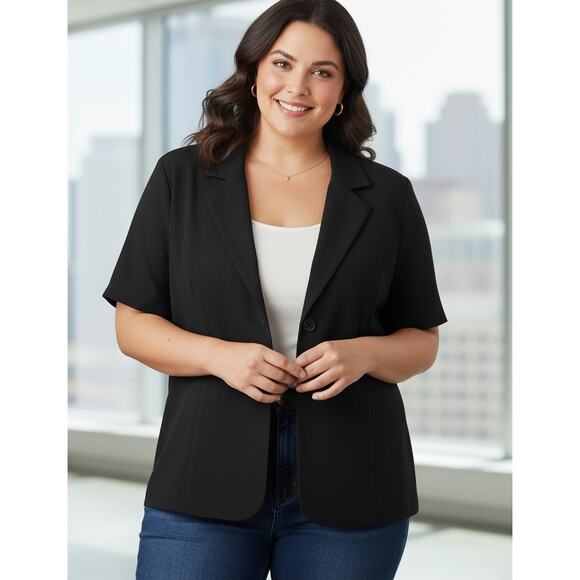 VTG Sag Harbor Women 22W Black Short Sleeve 3 Button Front Blazer Jacket - Picture 1 of 7